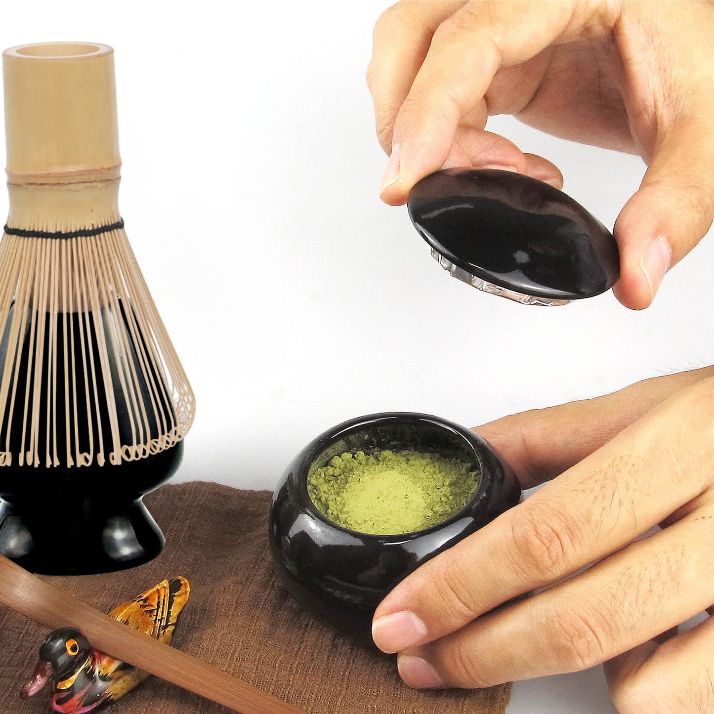 Artcome 10-Piece Japanese Matcha Tea Set - Bowl, Whisk, Scoop, Spoon, Cloth, Bamboo Holder, Powder Caddy, Strainer (Black)