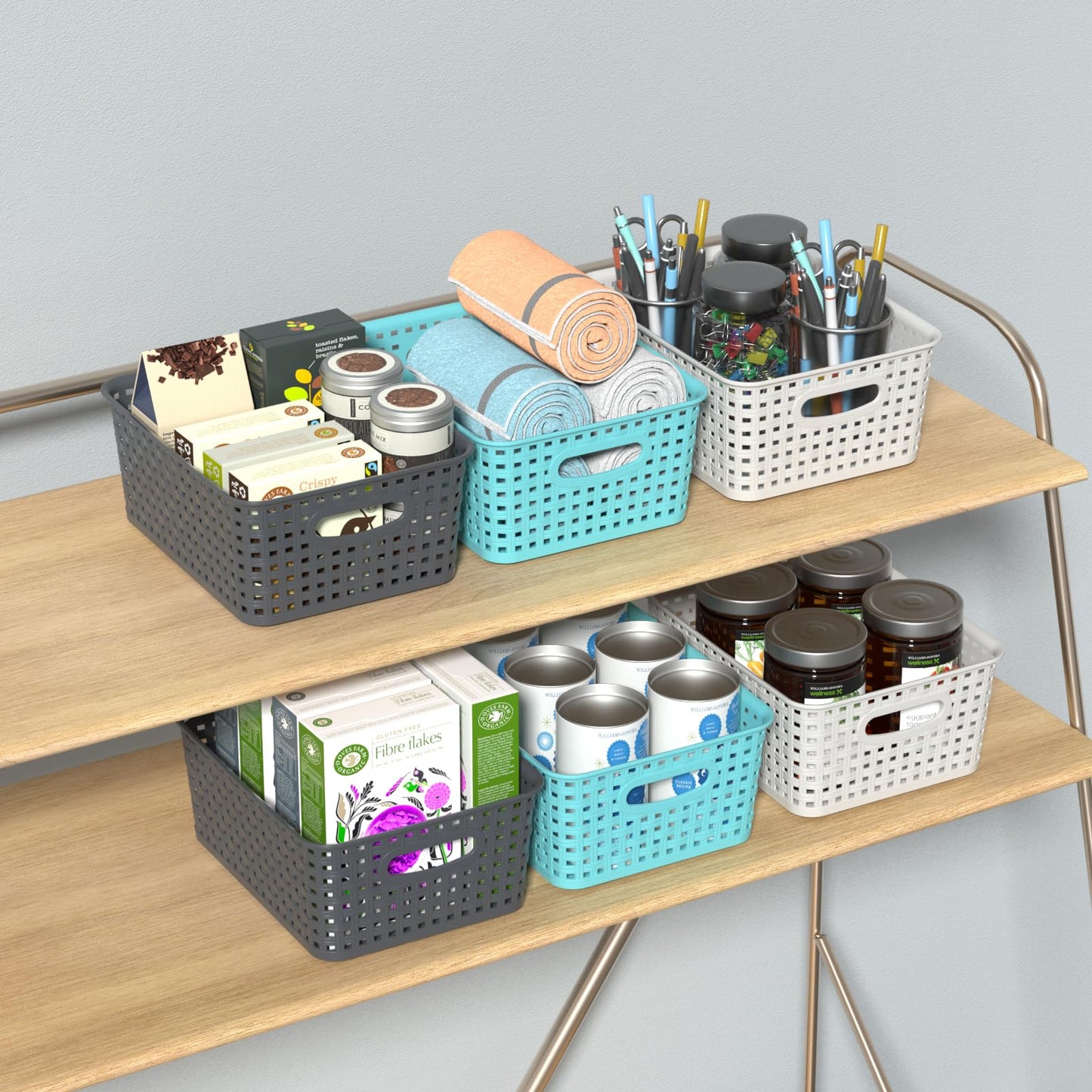 Qshape Kitchen Plastic Weave Storage Baskets, 6 Packs