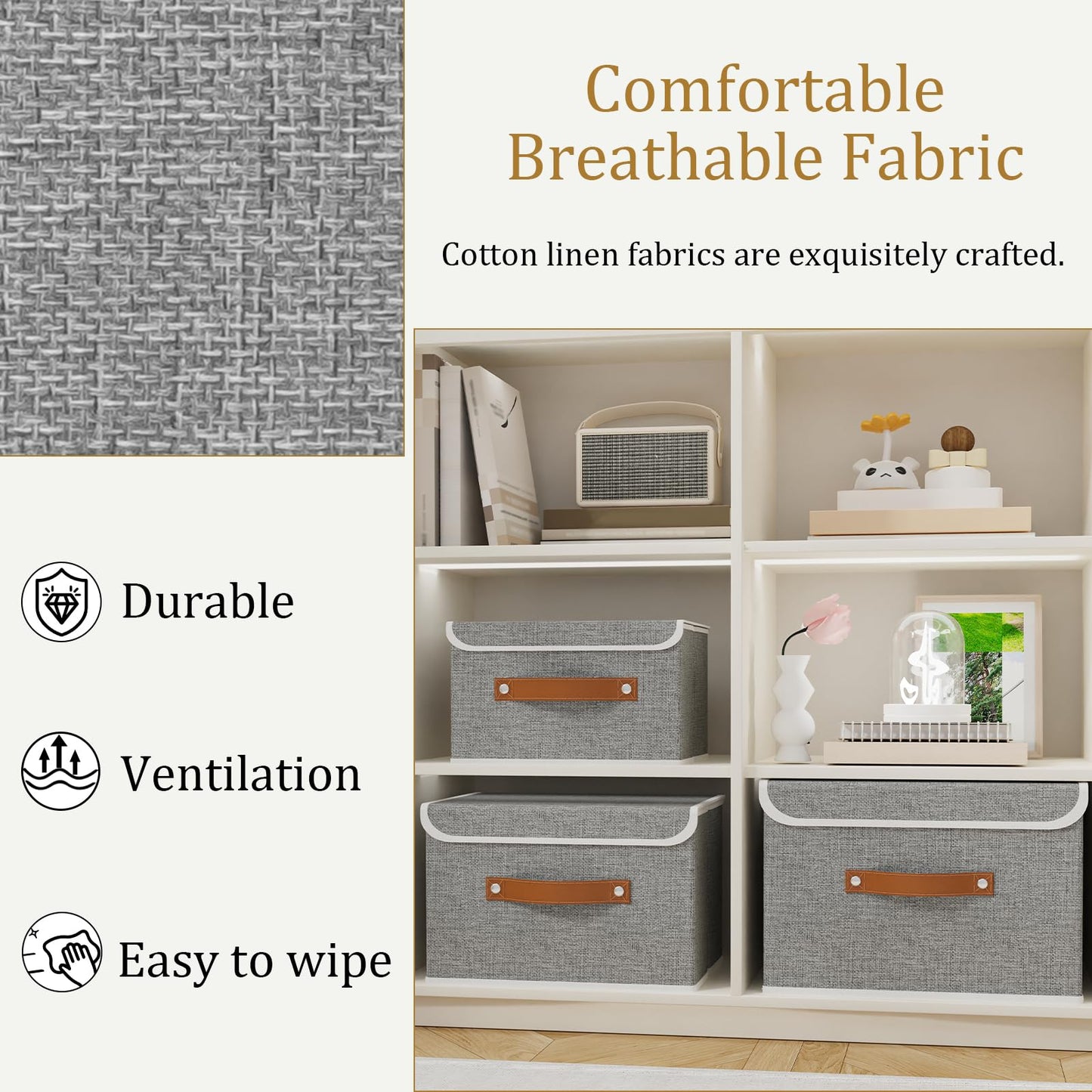 OUTBROS 3 Pack Fabric Storage Boxes with lids, 38x25x25cm, Grey