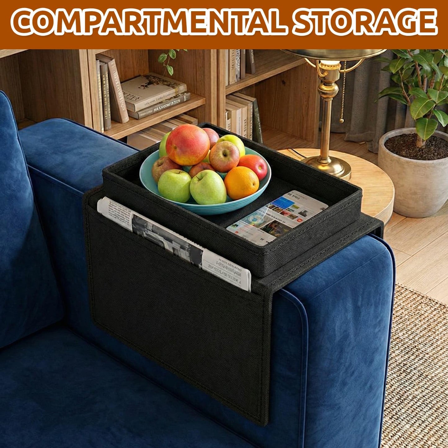 Jovrelant Sofa Armchair Tray Organizer Waterproof Non-Slip Couch Cup Holder with 4 Pockets for TV Remote Control, Snacks & Drinks Storage