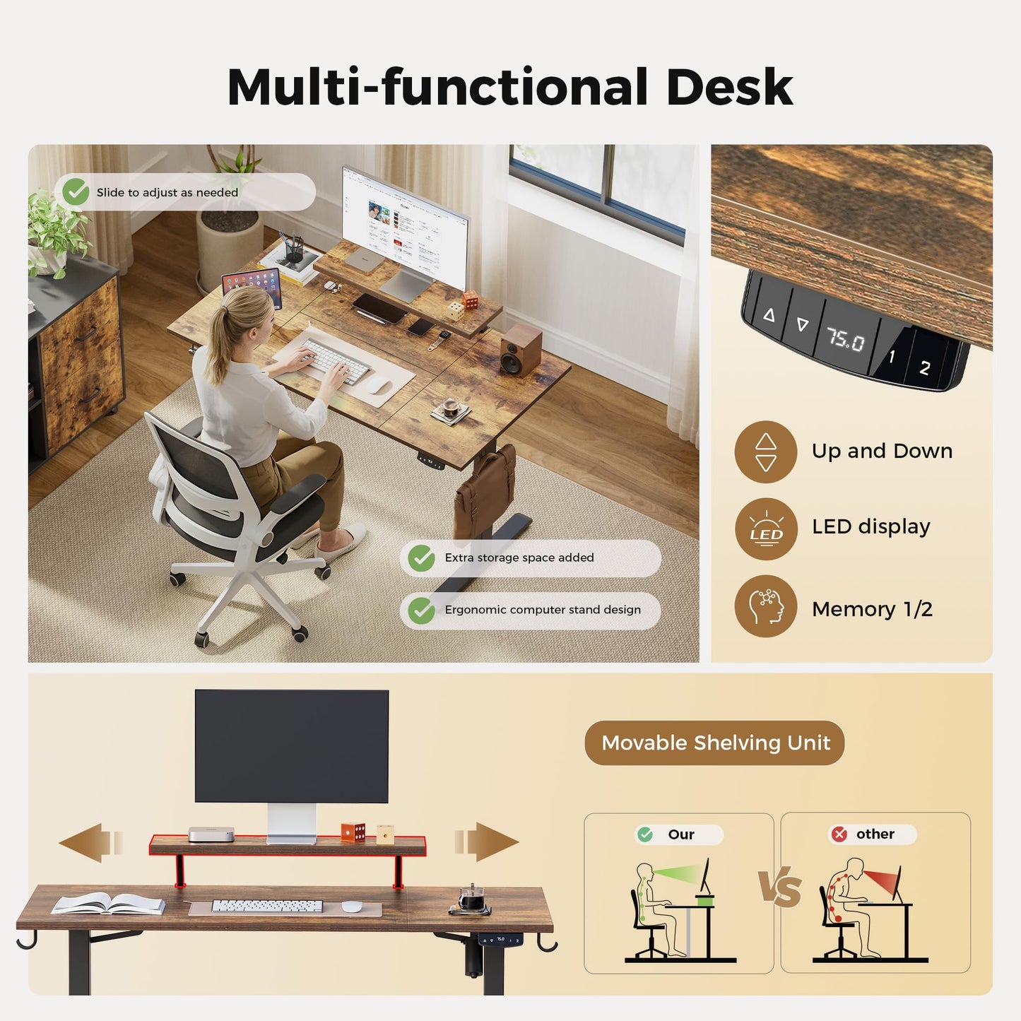 Agilestic Eletric Height Adjustable Desk, Movable Monitorstand, 140x80cm