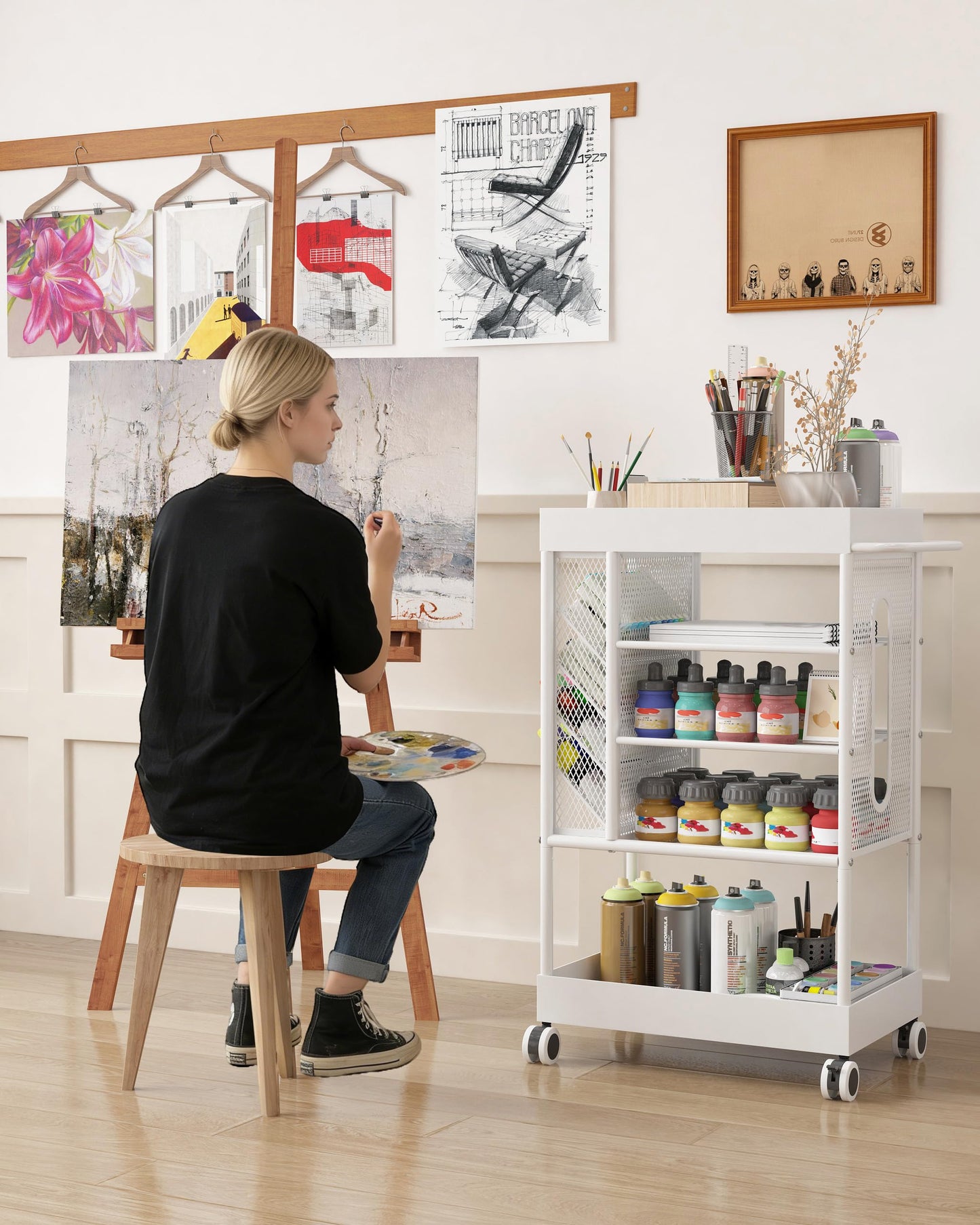 Ornestia 5-Tier Multi-Functional Art cart, Metal Utility Cart with Lockable Wheels, Versatile Art Supply Storage Organizer Cart, Storage for Brushes
