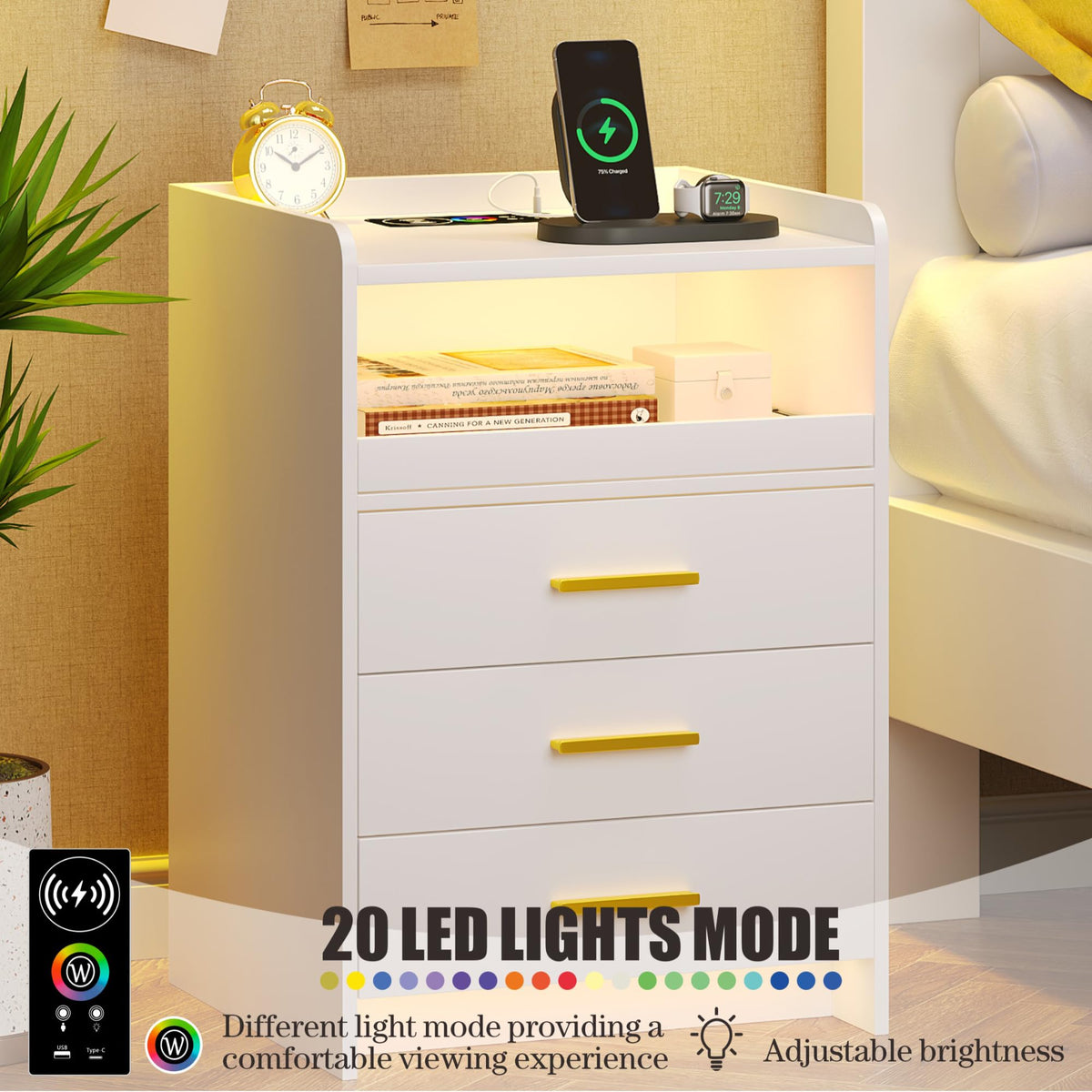 FREDEES Bedside Table with Charging Station and LED Lights, White