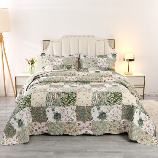 Qucover 3-Piece Double Bedspread Set, American Style Green Patchwork Pattern Bedspread, Light Breathable Polyester Ultrasonic Quilting Coverlet Set
