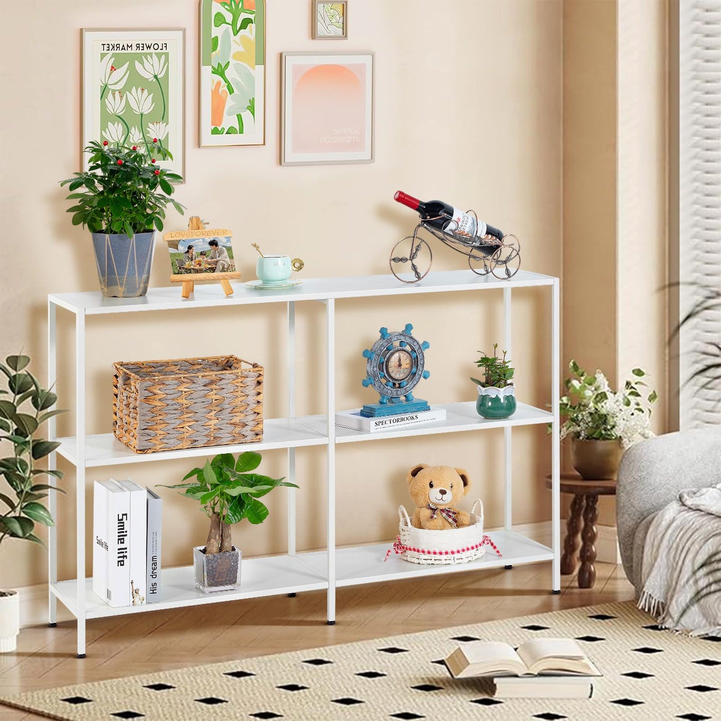 HDANI 120cm Metal Console Table with 3 Tier Strage Shelves,Narrow Entryway Table,Modern Sofa Tables for Entryway, Living Room,Bedroom,White