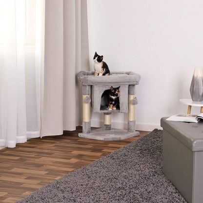lionto Scratching tree for cats with cave & 2 plush balls incl. bells, height 60 cm, cat tree with robust sisal rope & soft plush, cozy lying surface,