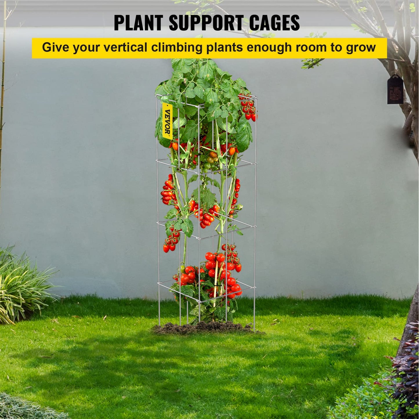 VEVOR Tomato Cages, 11.8" x 11.8" x 46.1", 5 Packs Square Plant Support Cages, Silver PVC-Coated Steel Tomato Towers for Climbing Vegetables, Plants,