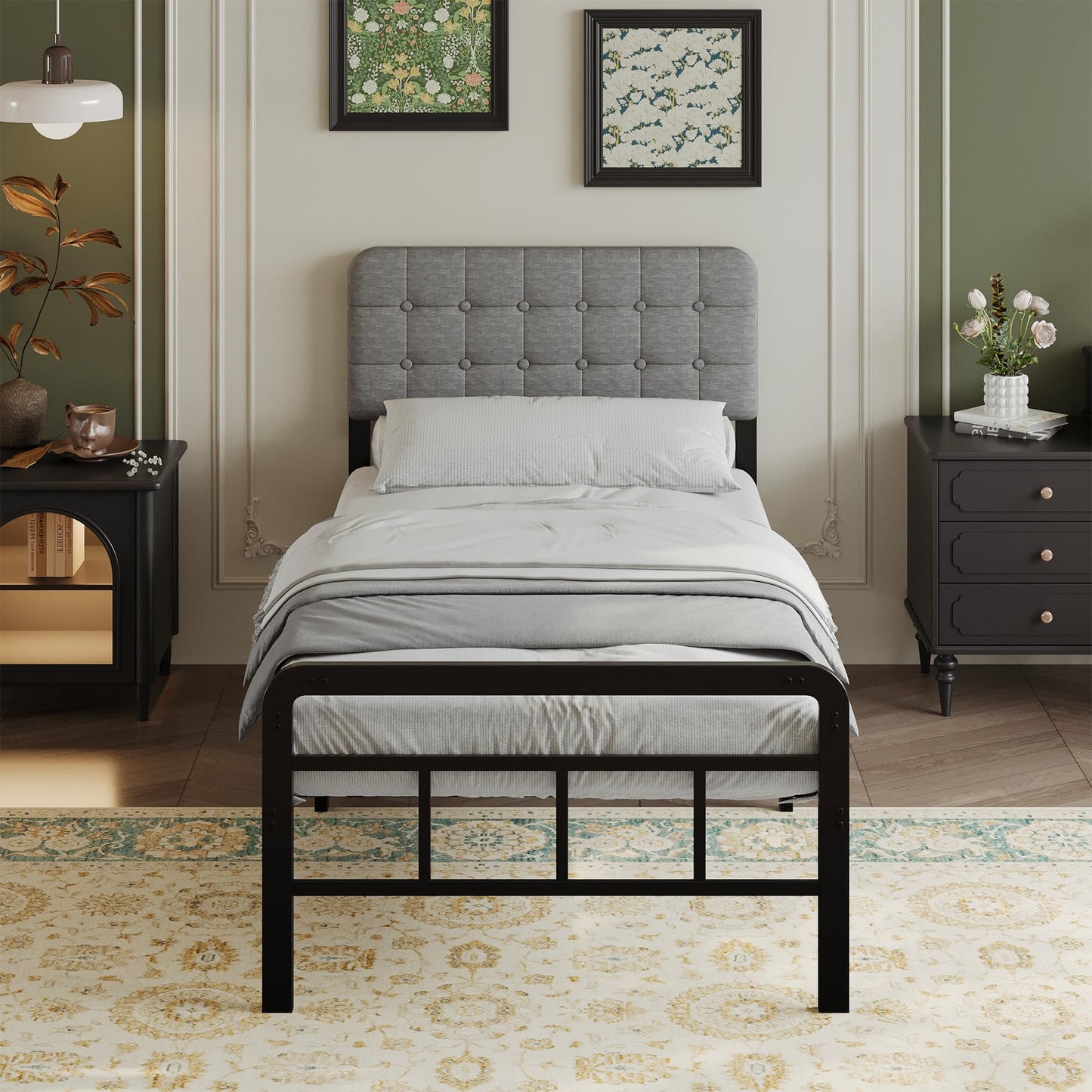 EMODA Small Single Bed Frame with Upholstered Headboard and Footboard