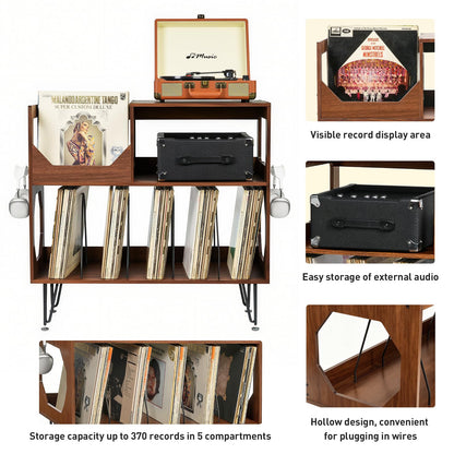 ikkle Large Rustic Record Player Stand, 2 Tier Record Player Table with Vinyl Record Storage, Vinyl Storage Cabinet with Metal Legs