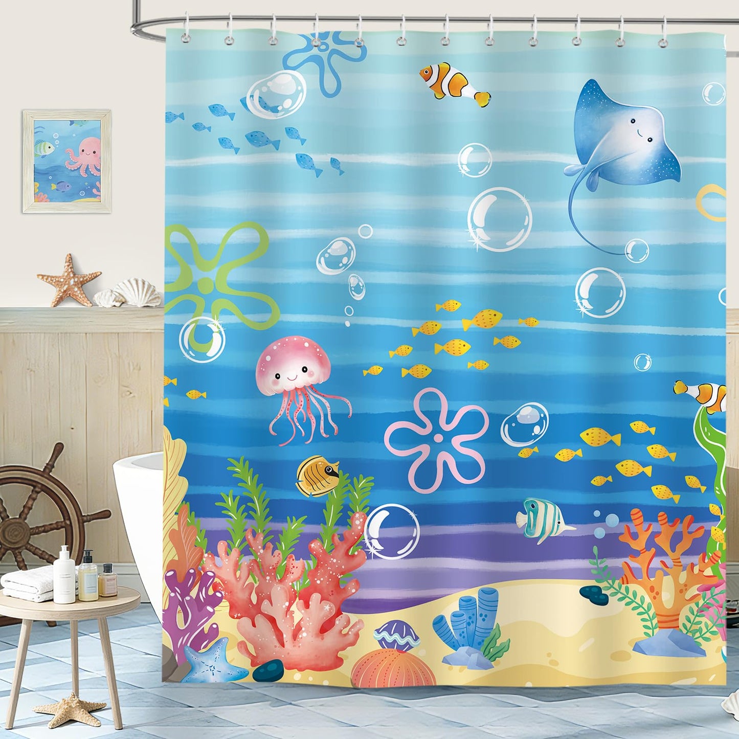 hometrixx Kids Beach Ocean Jellyfish Coral Fish Shower Curtain 72X72Inch