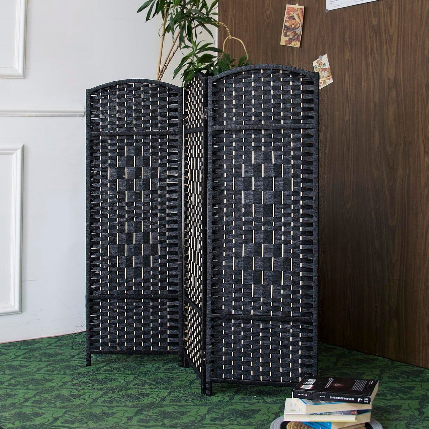 Furnnylane 3 Panel Black Rattan Divider Short Room Partition Screen,Double Sided Short Folding Divider for Room Separation,120 cm Tall