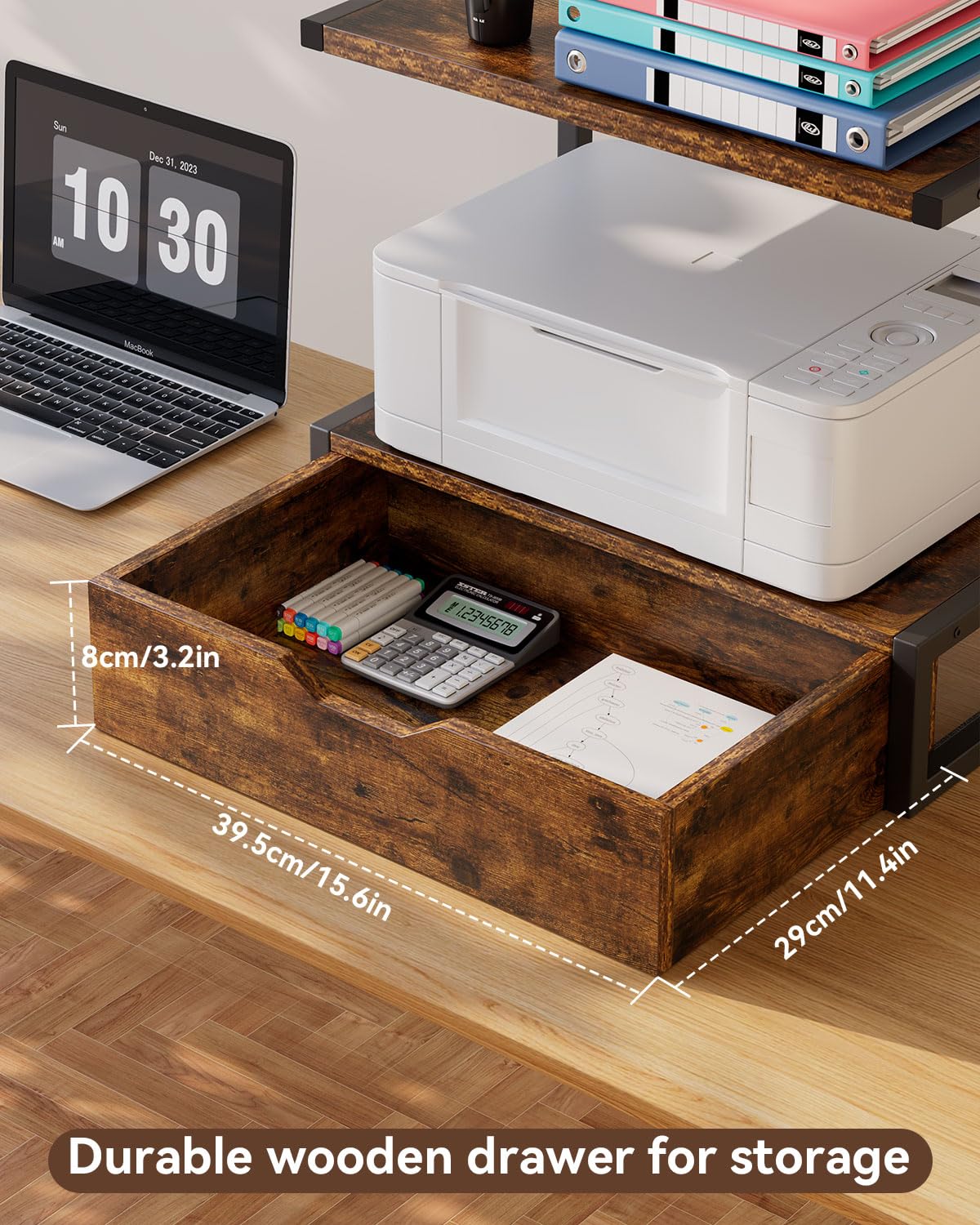 IBUYKE 2 Tier Desktop Printer Stand,Printer Table with Storage Shelf,Multi-Purpose Desk Organizer for Folders,Books,for Fax Machine