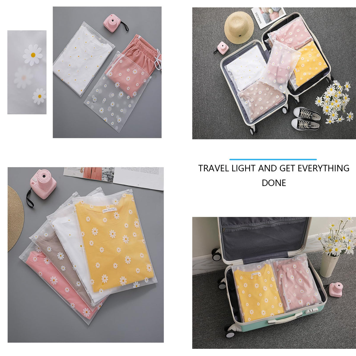 Boxonly Daisy Zipper Storage Bags, Reusable Waterproof PEVA Plastic Pouches for Clothes, Shoes, Toiletries - 8" x 12" / 20 x 30 cm - 12 Pcs
