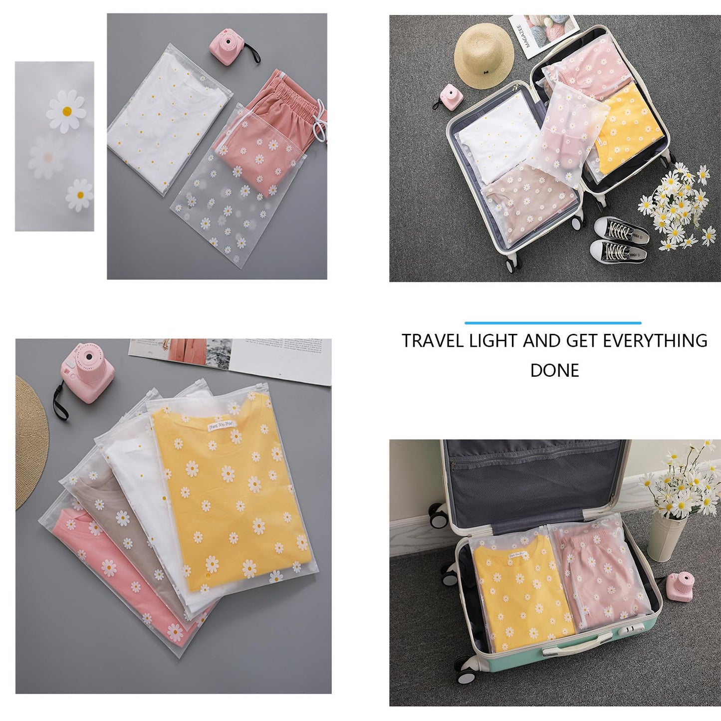 Boxonly Daisy Zipper Storage Bags, Reusable Waterproof PEVA Plastic Pouches for Clothes, Shoes, Toiletries - 12" x 16" / 30 x 40 cm - 12 Pcs