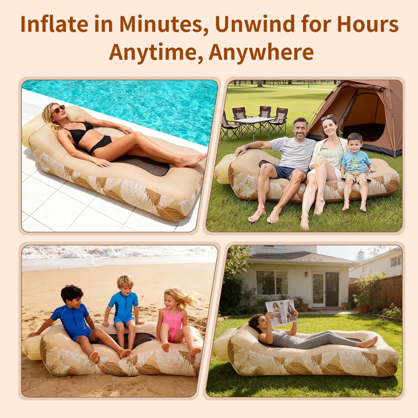 nnOuOnn Inflatable Lounger Couch Hammock - Portable Air Sofa for Outdoor Indoor, Waterproof Blow Up Chair seat for Beach, Camping, Travel, Festival
