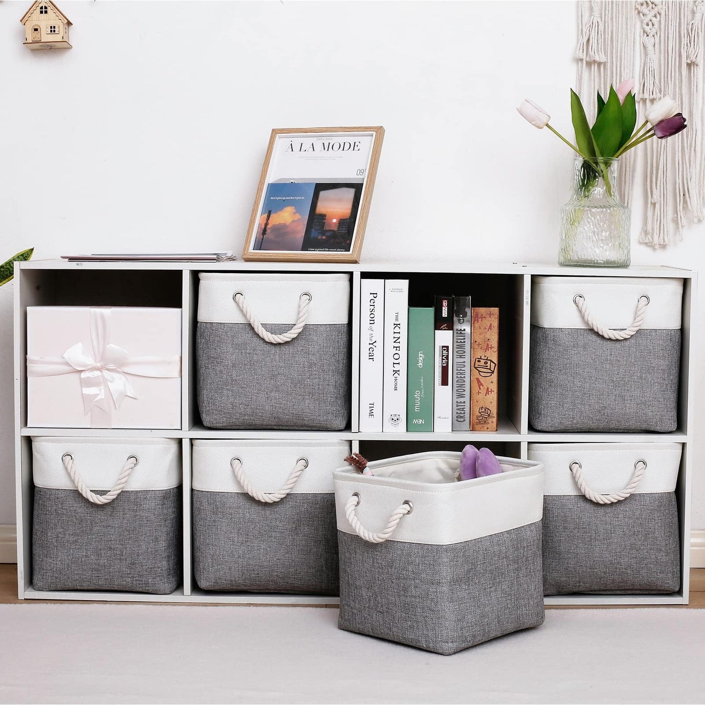 ICEMOR 28 x 28 x 28 cm Cube Storage Bins, 6 Pack Large Collapsible Fabric Storage Bin with Ropes, Foldable Storage Cubes for Home, Office,Closet