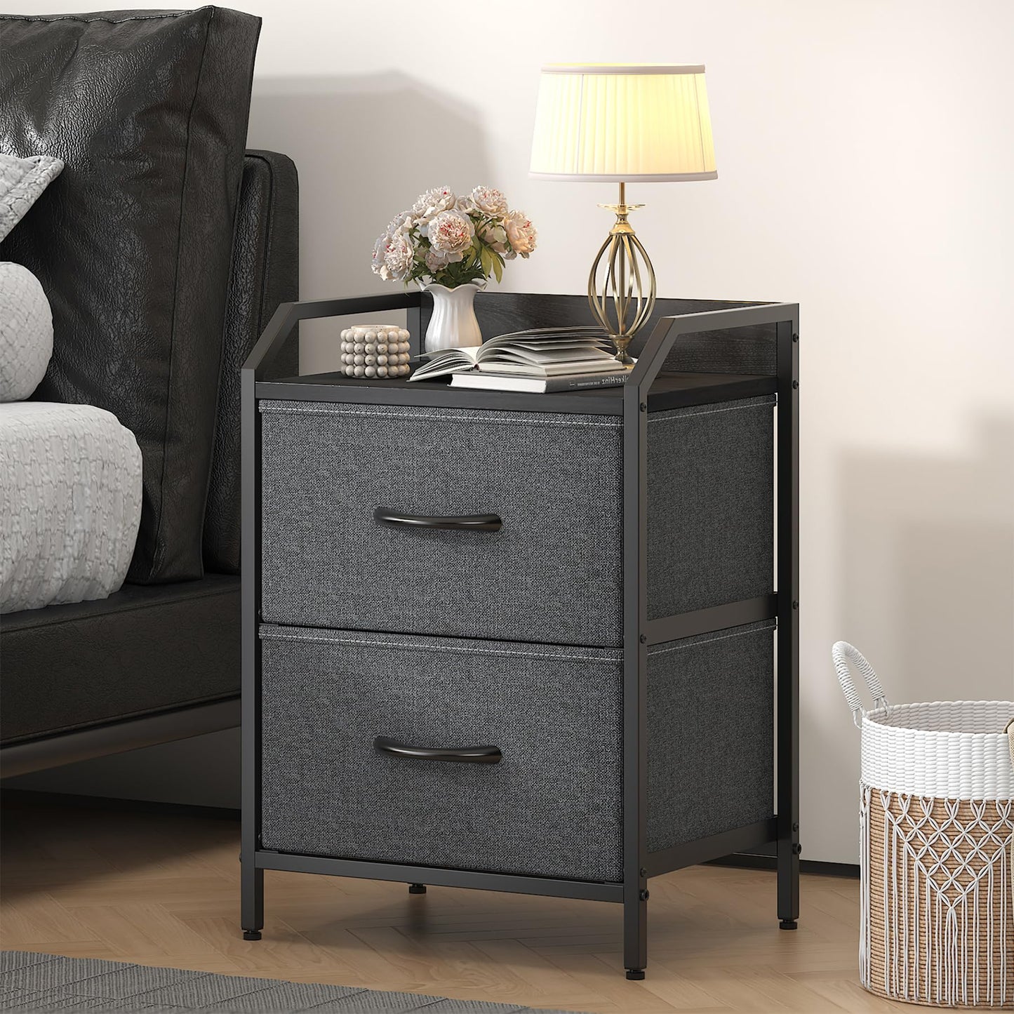 Feonase Bedside Table, Bedroom Bedside Cabinet with 2 Fabric Drawers, Nightstand Side Table for Bedrooms, Living Rooms (Deep Gray)