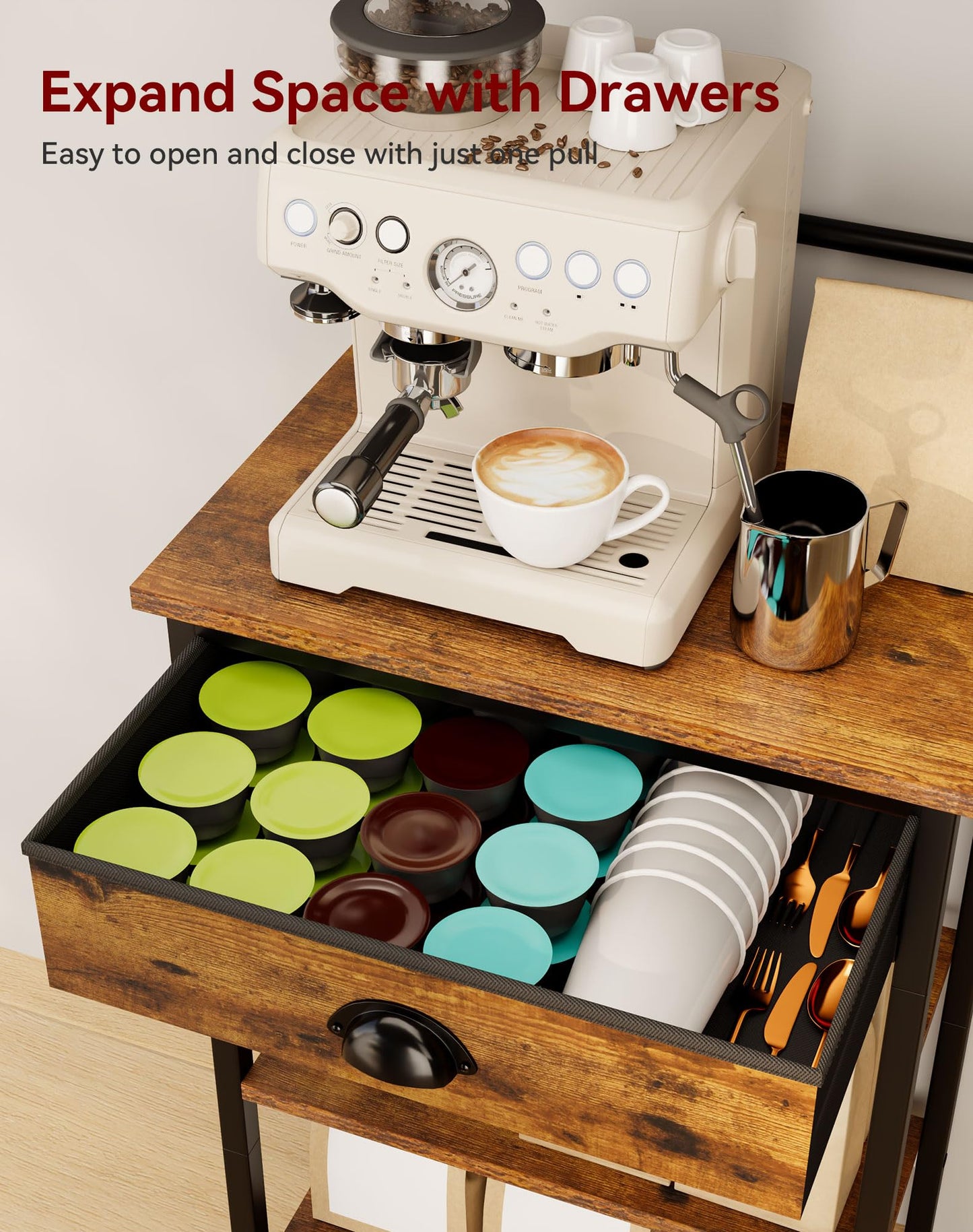 YMYNY 5 Tier Coffee Bar Station, Coffee Stand with Fabric Drawers, 8 S-Shaped Hooks, Corner Bar Cabinet, Height Adjustable, Bakers Rack for Kitchen