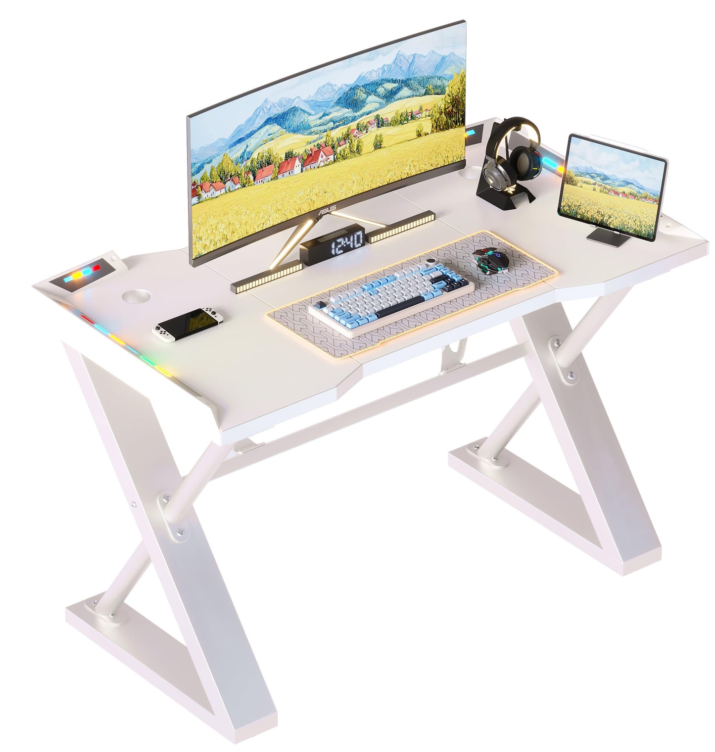 Xyphren 120 * 55 cm Gaming Desk with LED Lights, Gaming Table Thickened Z Shaped, Gamer Desk with Carbon Fiber Coated, Gaming PC Desk