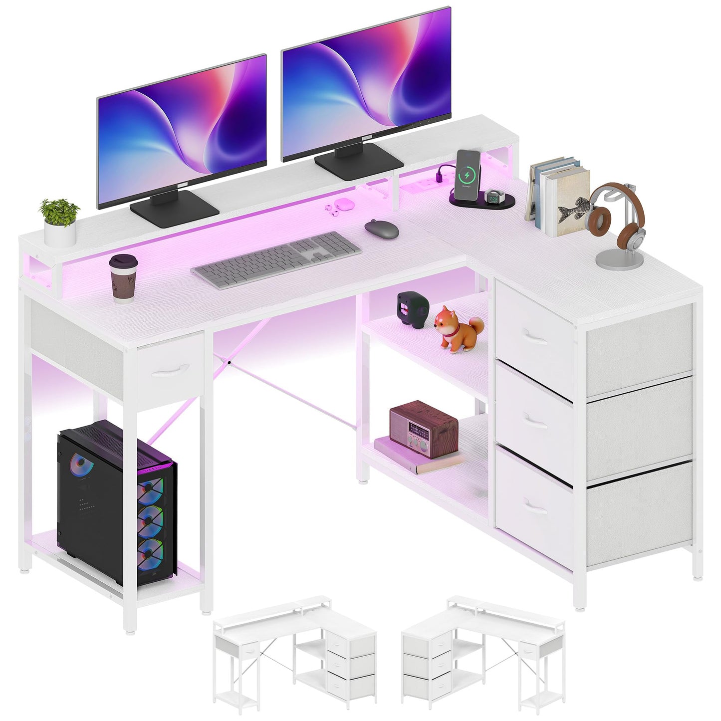 YITAHOME L Shaped Computer Desk with Drawers Power Outlet 140cm White