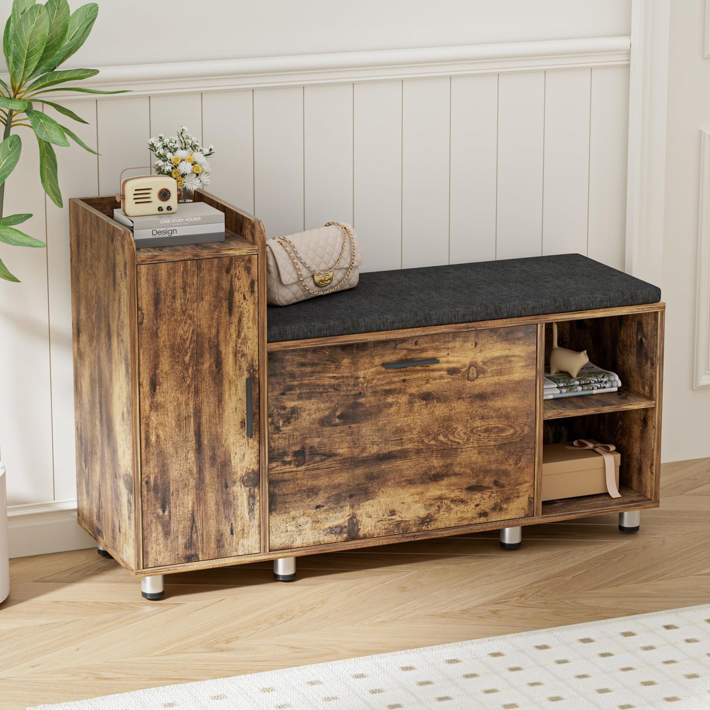 BonVache Shoe Storage Bench with Cushion, Brown Shoe Bench 105cm Lounge with 2 Shelves and 4 Compartments, Hallway Storage Unit with Seat, Living Room