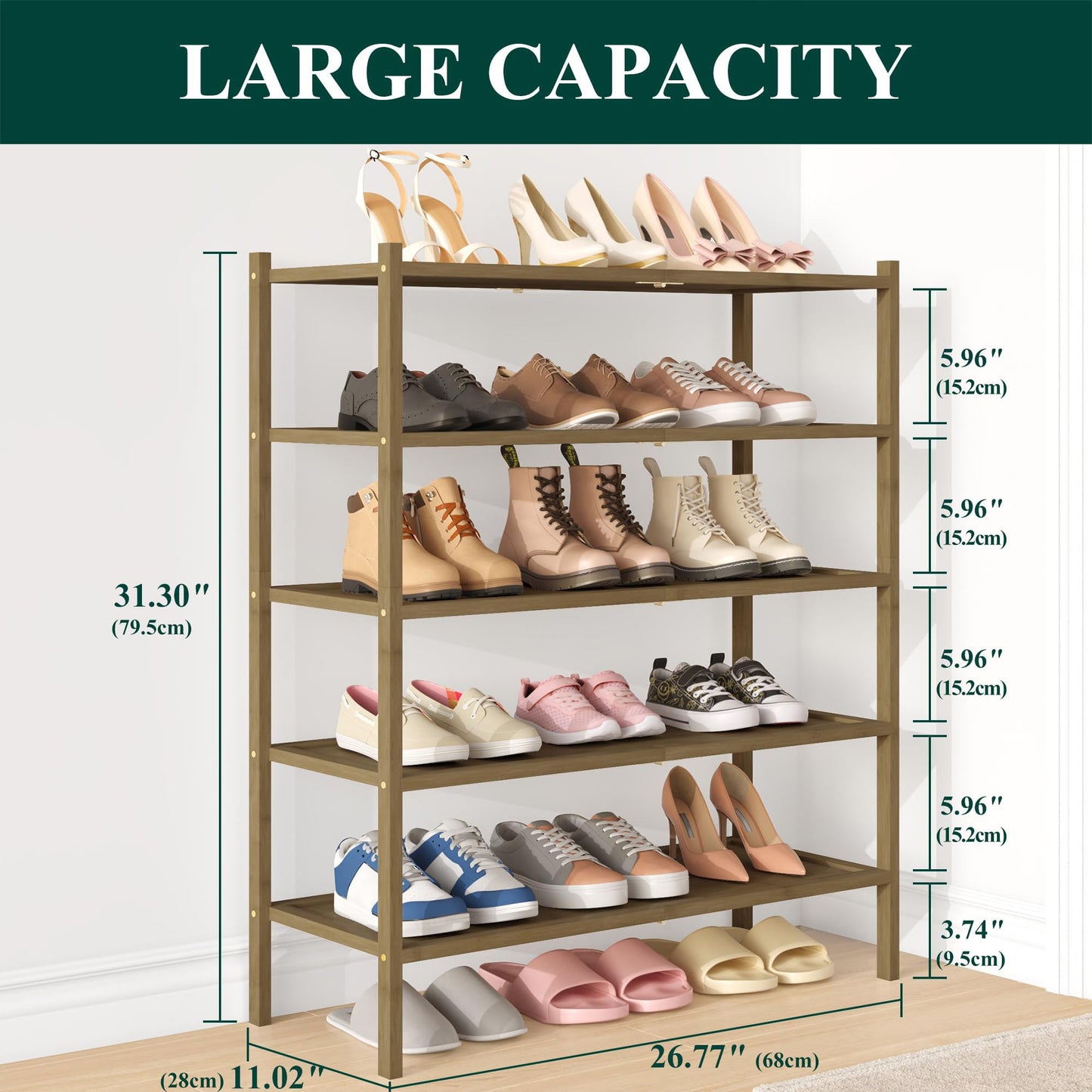 smiry Bamboo Shoe Rack, 5 Tier Shoe Organizer for Entryway & Living Room, Stackable Free Standing Storage Shelf for Shoes, Bags & Plants, Walnut