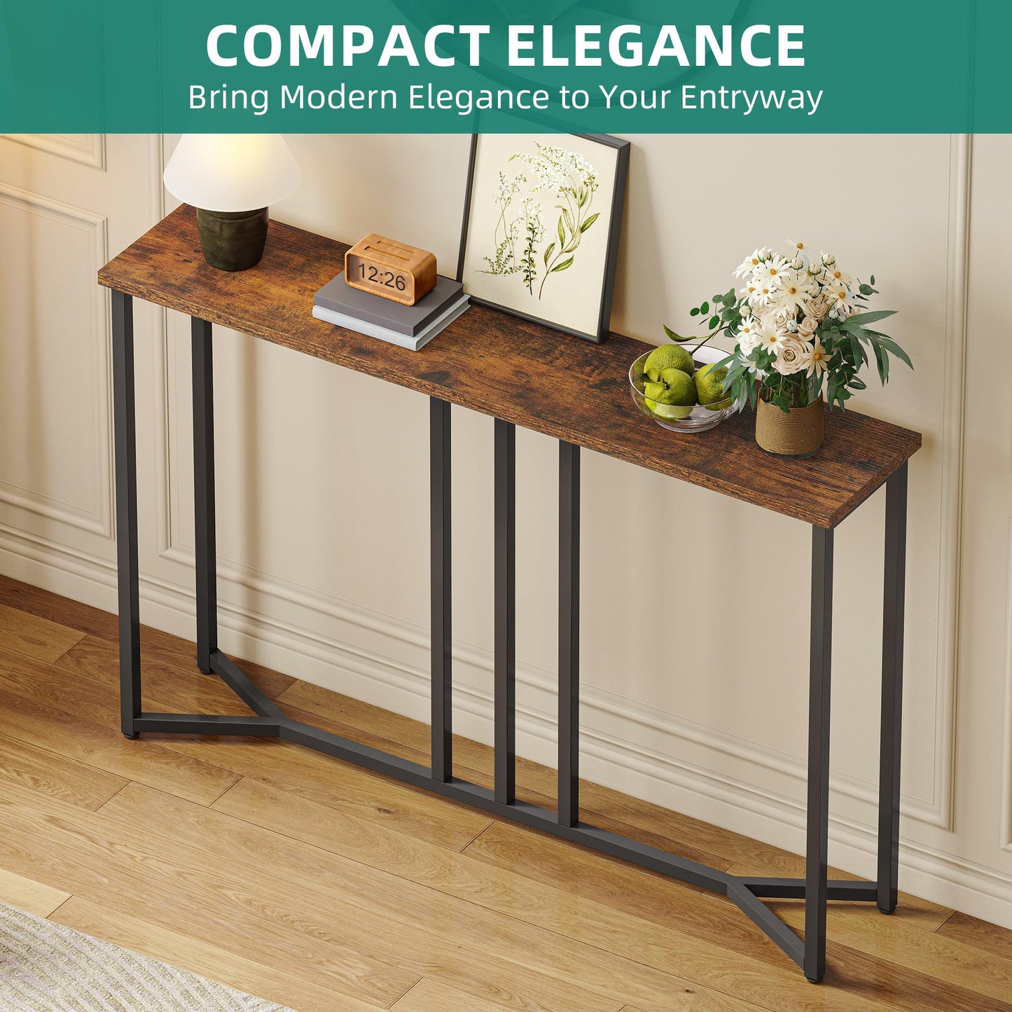 YITAHOME Console Table, 100CM Slim Console Table, Rustic Brown and Black