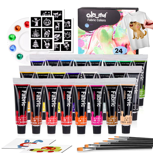 Colorful Fabric Paint Set for Clothes 24 Colors - Permanent Textile Paint Kit for Shoes, Canvas - Non-Toxic Slick Painting Set for Adults, Beginner &