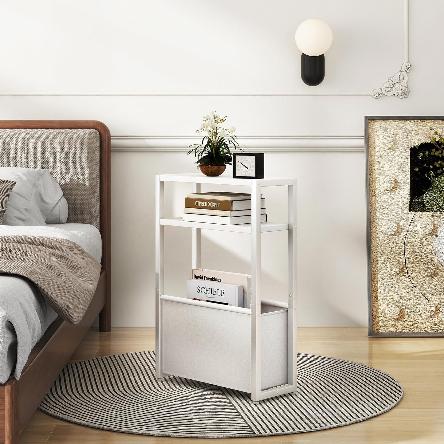 IBUYKE Narrow Side Table,Slim End Table with Fabric Basket,White TMZ009W