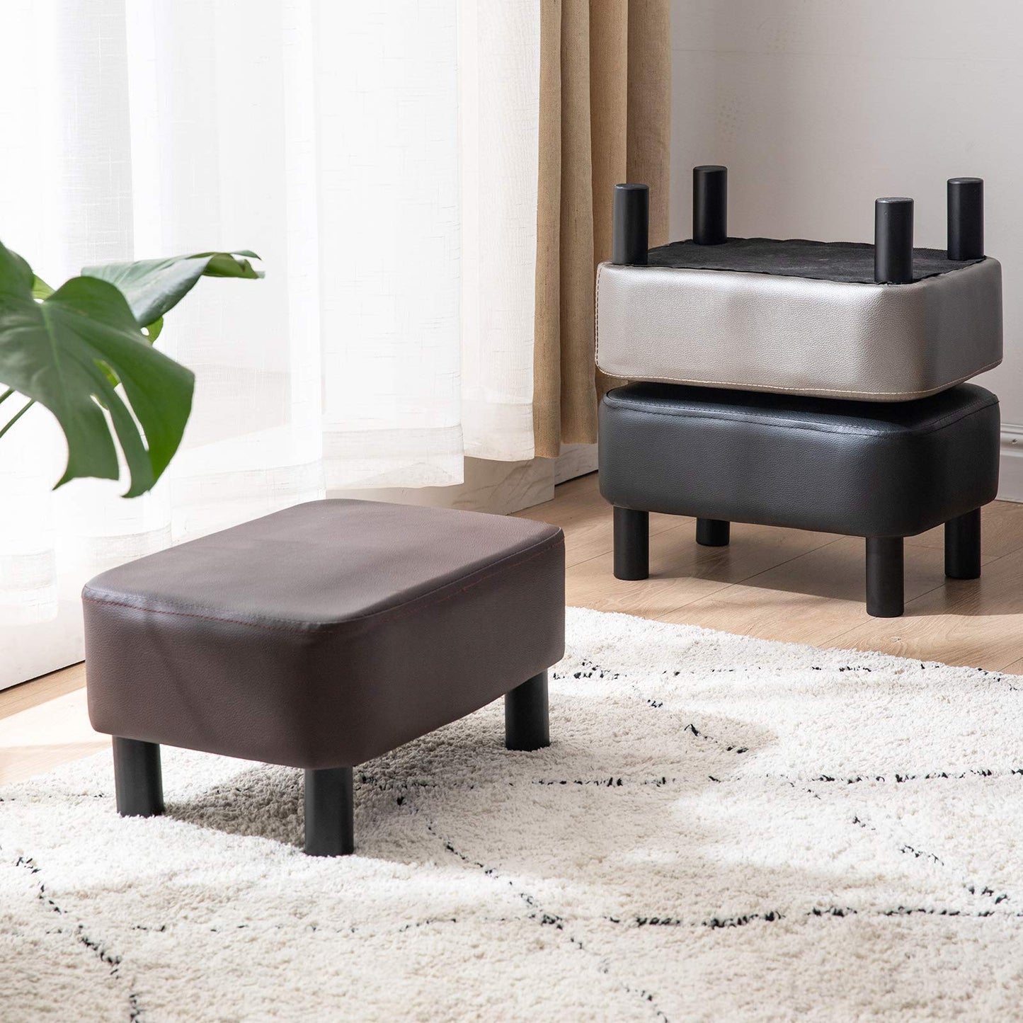IBUYKE 16.54" Small Footstool PU Leather Ottoman Footrest Modern Home Living Room Bedroom Rectangular Stool, with Padded Seat Pine Wood Legs