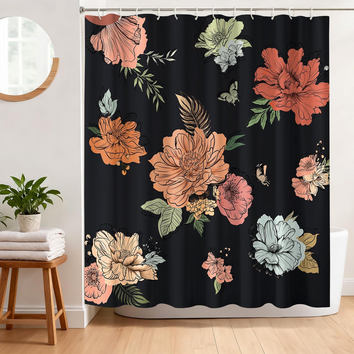 BREASOME Waterproof Shower Curtain 180 x 180 cm Floral and Butterfly Shower Curtain for Bathroom Decor Mould Proof Polyester Fabric Bath Curtain with