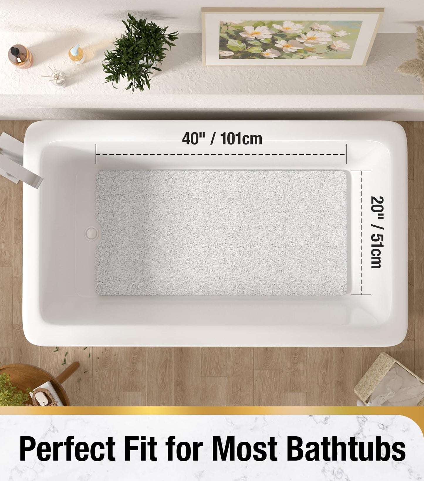 HITSLAM Non Slip Bath Mat 101x51 cm, Shower Mats for Inside Shower, White