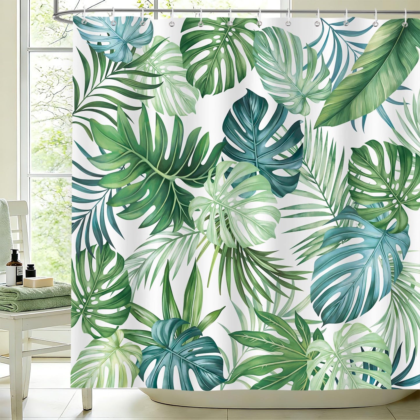 hometrixx Summer Jungle White Green Palm Tree Leaf Shower Curtain 72X72In