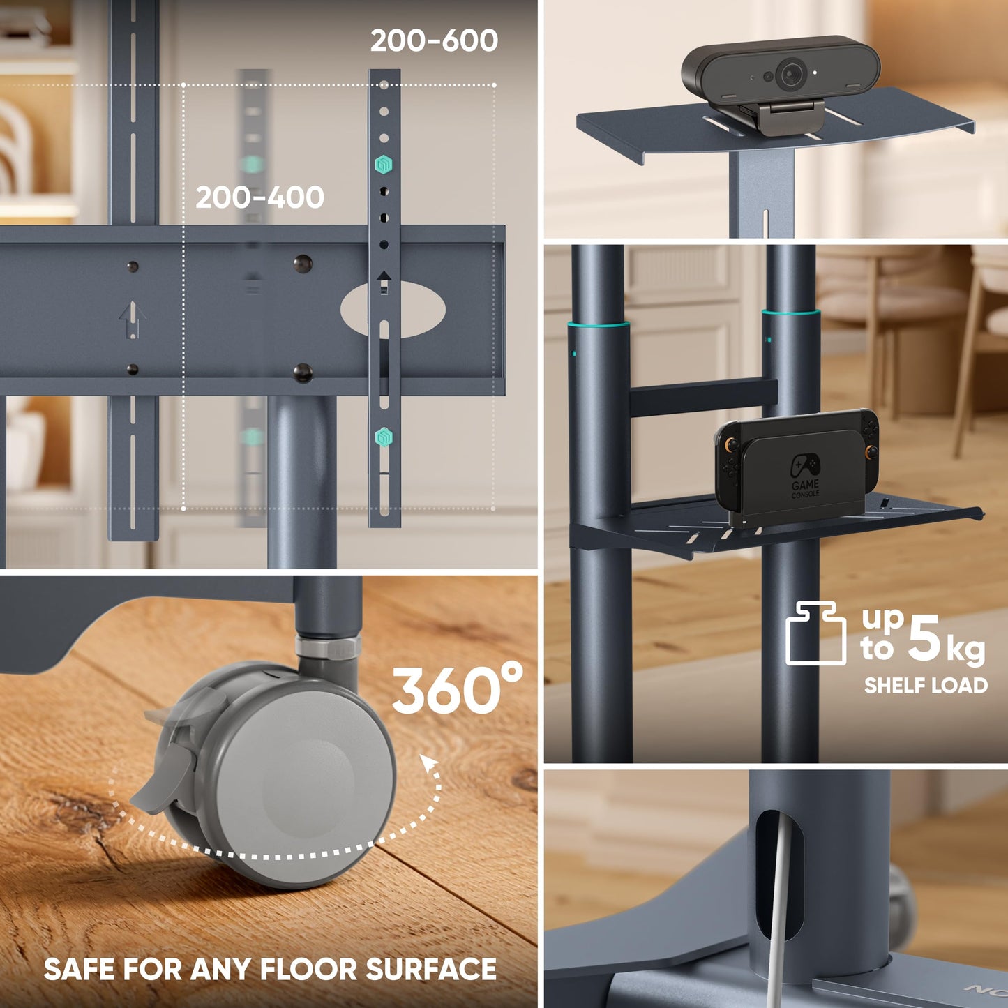 ONKRON Mobile TV Stand 32-75 Inch up to 50 kg, max VESA 600x400, TS1571-G