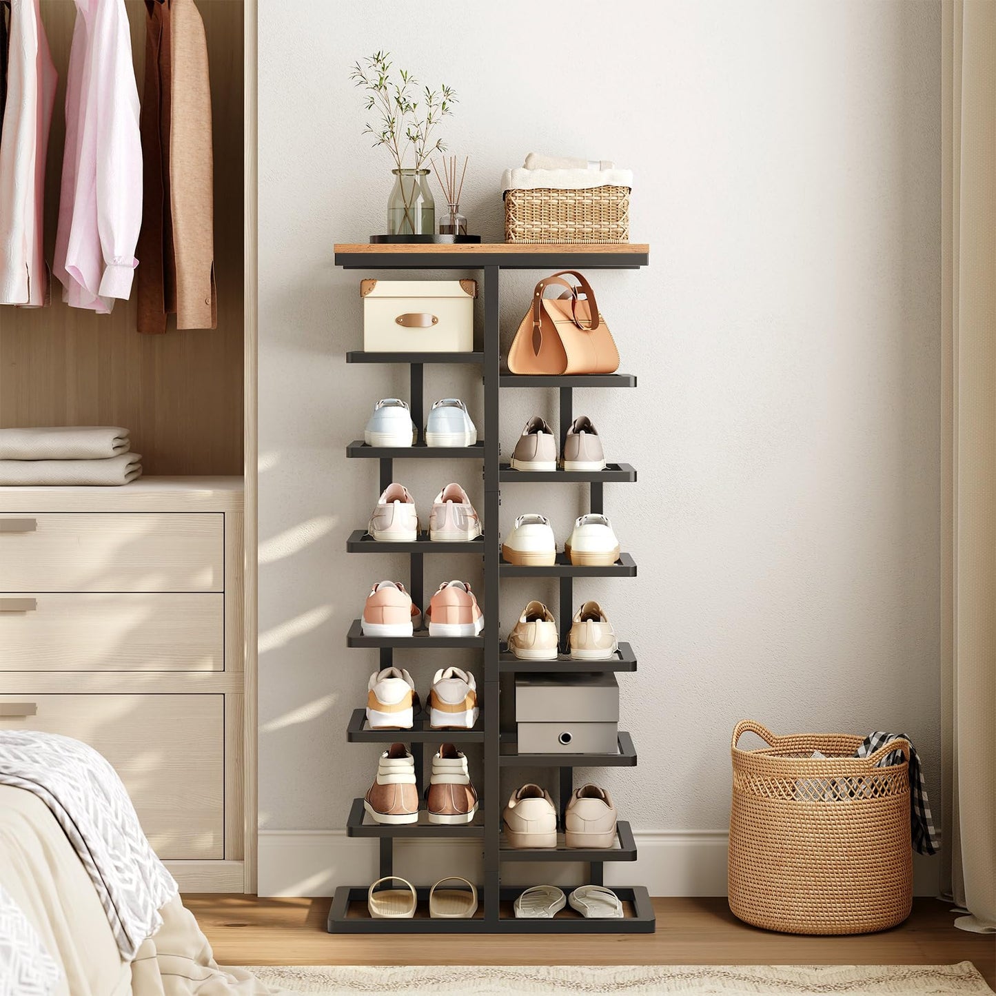 HOOBRO 8-Tier Shoe Rack, Entryway Shoe Organiser, Tall Shoe Storage with Metal Frame, Space-Saving Shoe Stand for Hallway, Bedroom, Living Room