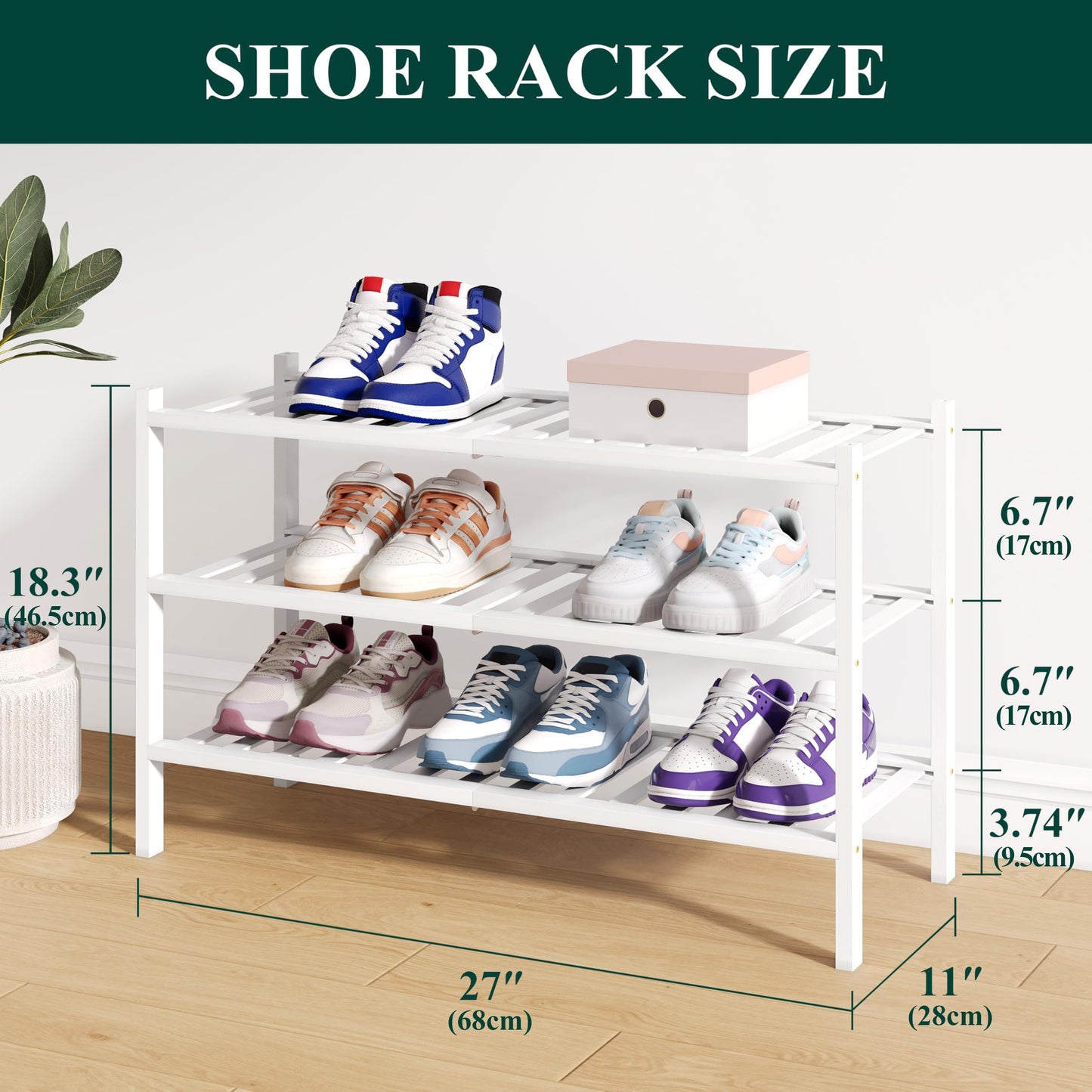 smiry Natural Bamboo Shoe Rack, 3 Tier Wooden Stackable Shoe Storage Organiser, Free Standing Shoes Storage Shelf for Entryway, Hallway, Small Spaces