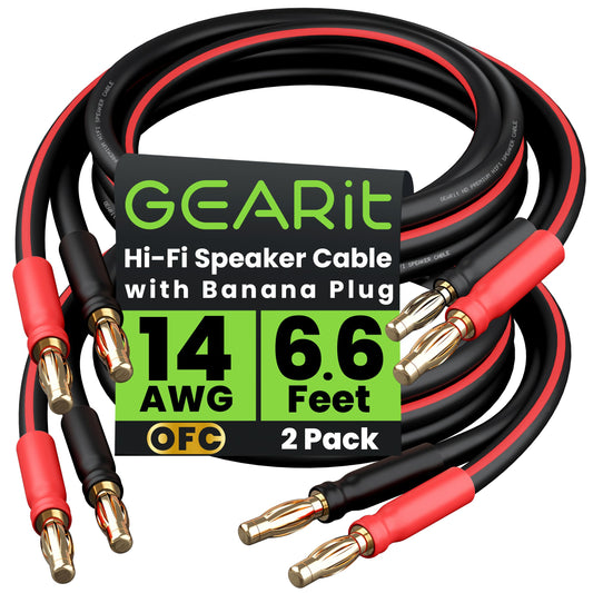 GearIT 14 AWG Speaker Cable with Banana Plugs (2 Pack, 6.6 Feet - 2 Meter) - 14Ga Gauge Banana Wire for Bi-Wire Bi-Amp HiFi Surround Sound - 99.9% OFC