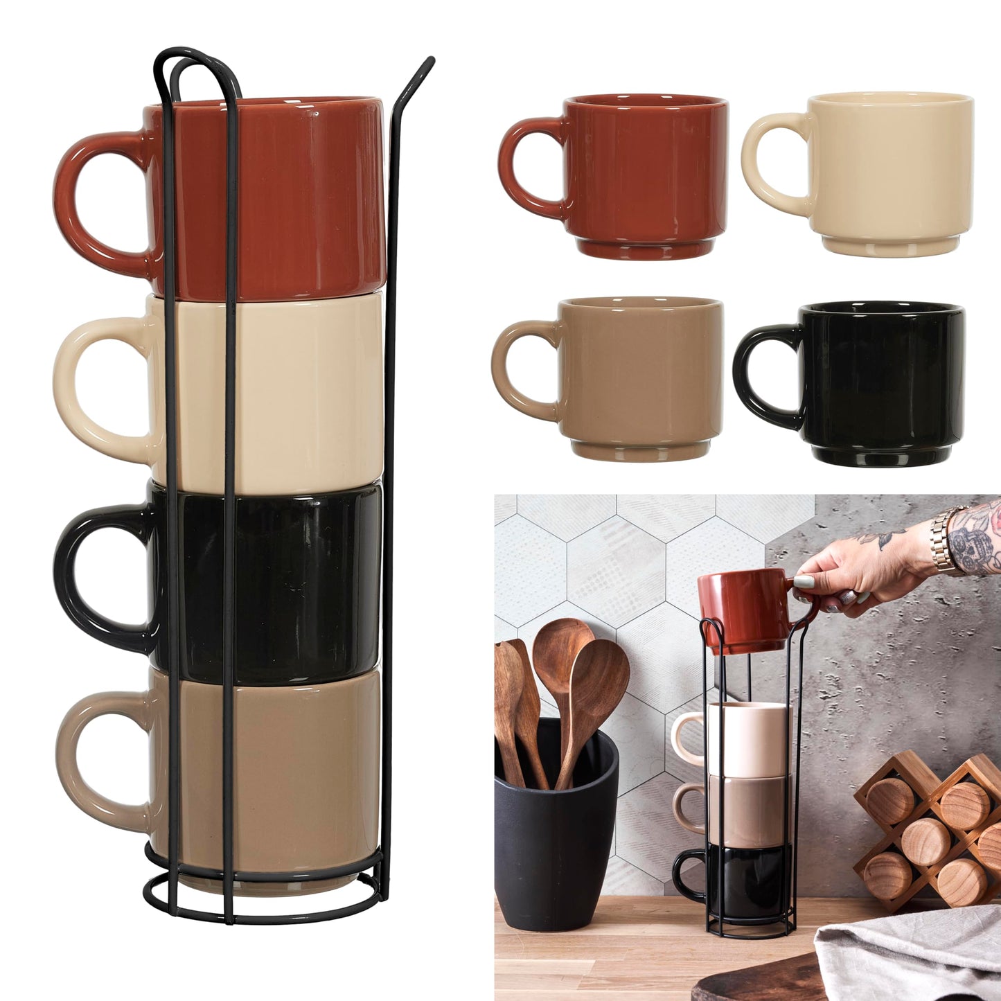 HOME DECO FACTORY, KA0500 Set of 4 Simple Cups with Stand, Durable Ceramic, Elegant and Practical Design, Ideal for Coffee and Tea, Neutral Colours