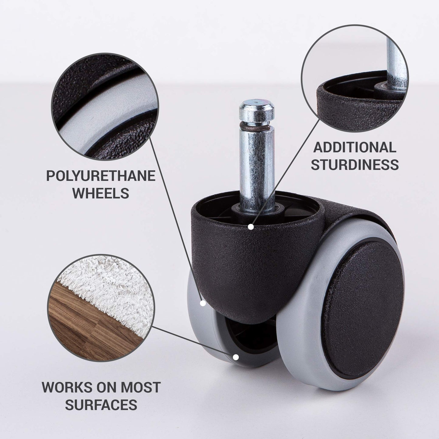 SKIR'CO (5 pcs) 50 mm Rubber Chair Wheels, Rolling Office Chair Castors, Replacement Casters, Swivel Wheels, Universal Long Stems (5, Ø 10 mm)