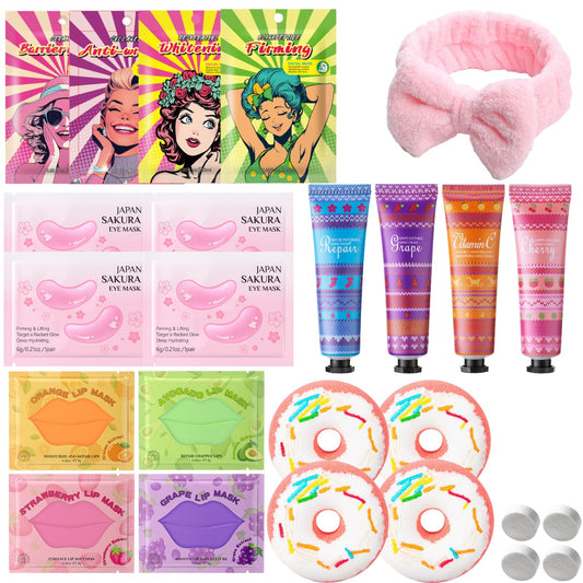 25Pcs Spa Party Supplies for 4, Spa Gifts for Women, Girls, Spa Set with Lip & Face Masks, Eye Mask, Hand Cream, Bath Bombs, Towels, Headband, Spa Kit