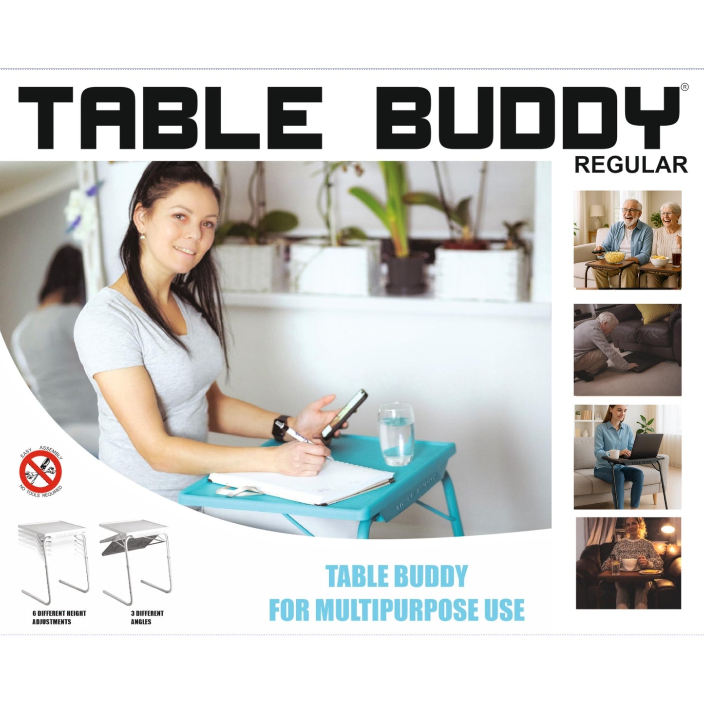 TABLE BUDDY Regular Folding Laptop Table 52.5 x 40 cm – Adjustable Height Bed Tray Desk for Sofa, Bed & Couch