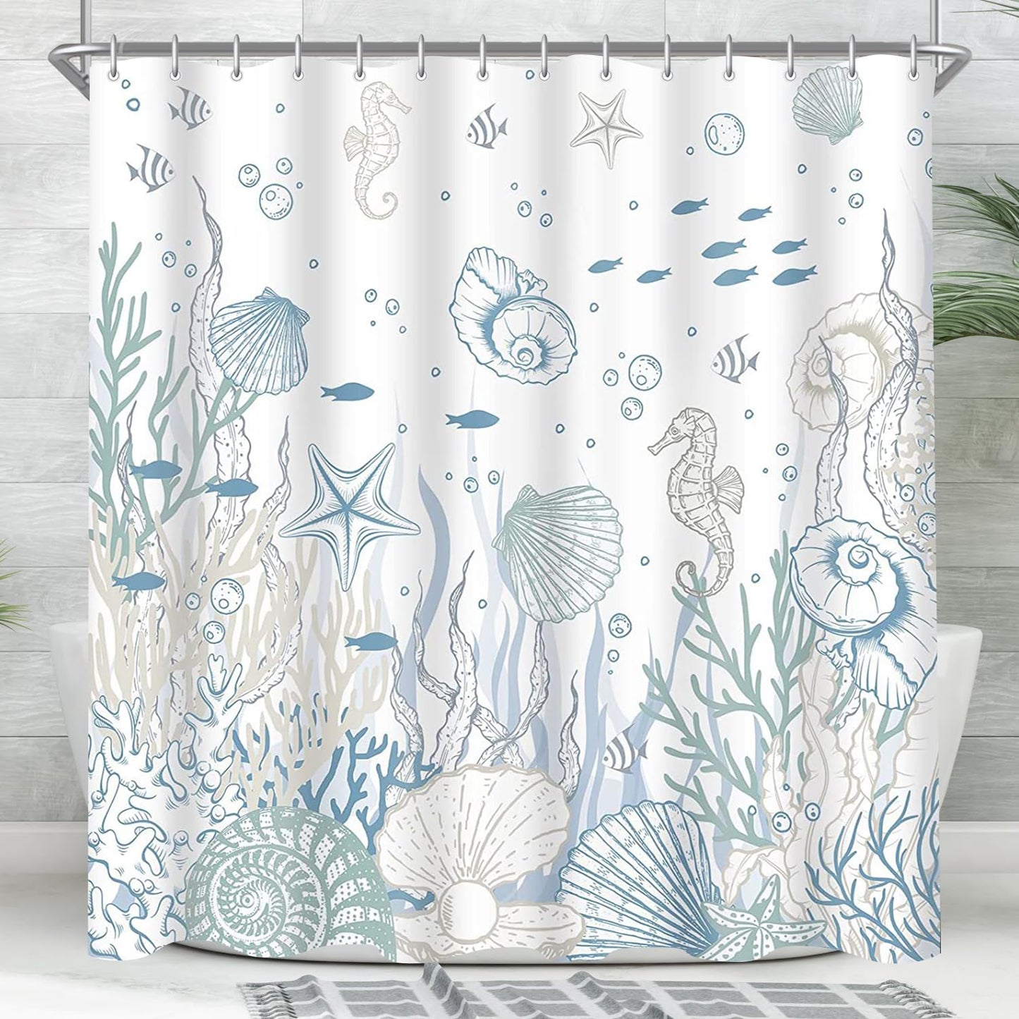 Lerores Shower Curtain 96x71 inch,Seabed Mould and Mildew Resistant,Waterproof,Washable Polyester Fabric Bath Curtains with Weight Tape,16 pcs Hooks