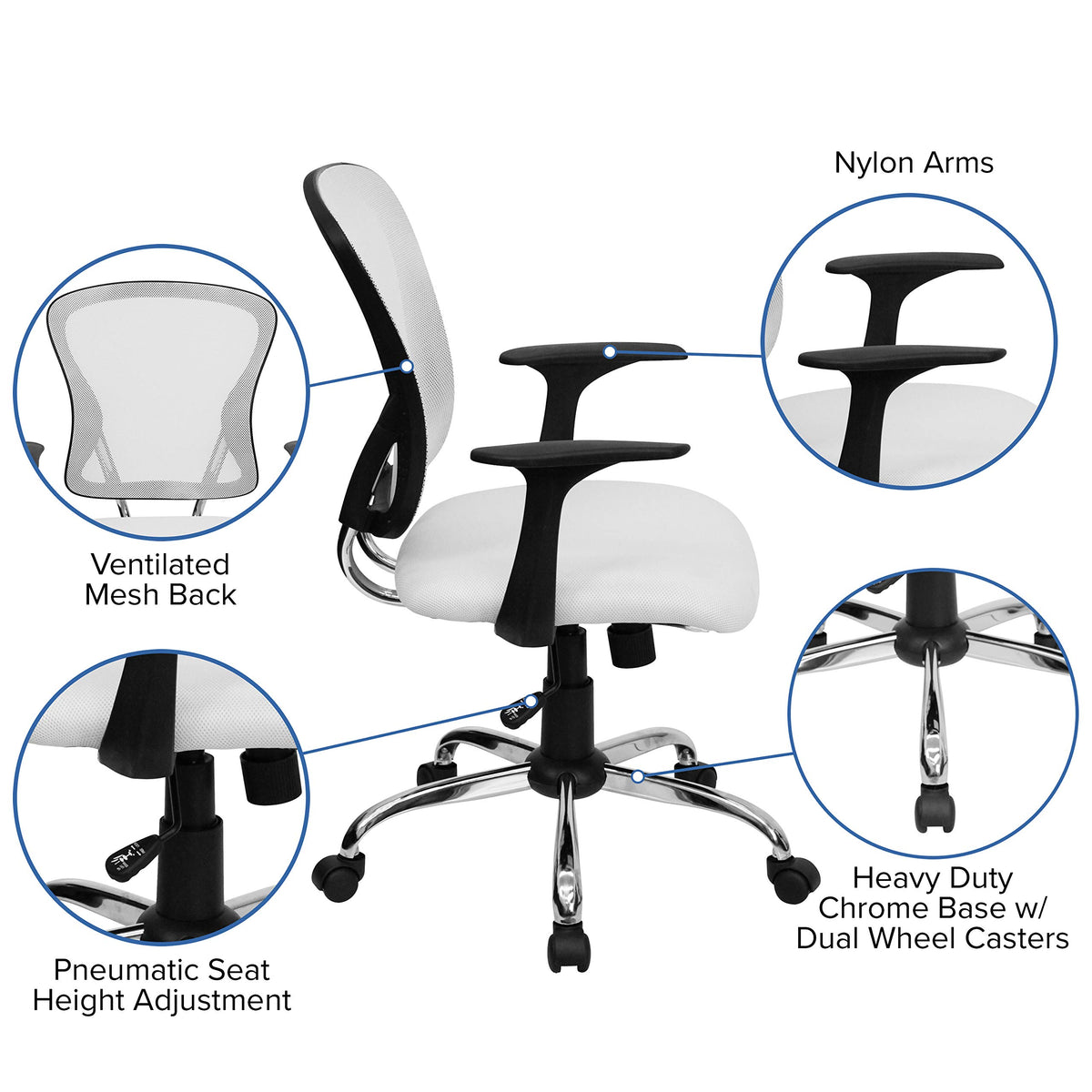 Flash Furniture Mid-Back Mesh Swivel Task Chair with Chrome Base and Arms, Metal, White, 73.66 x 60.96 x 27.94 cm