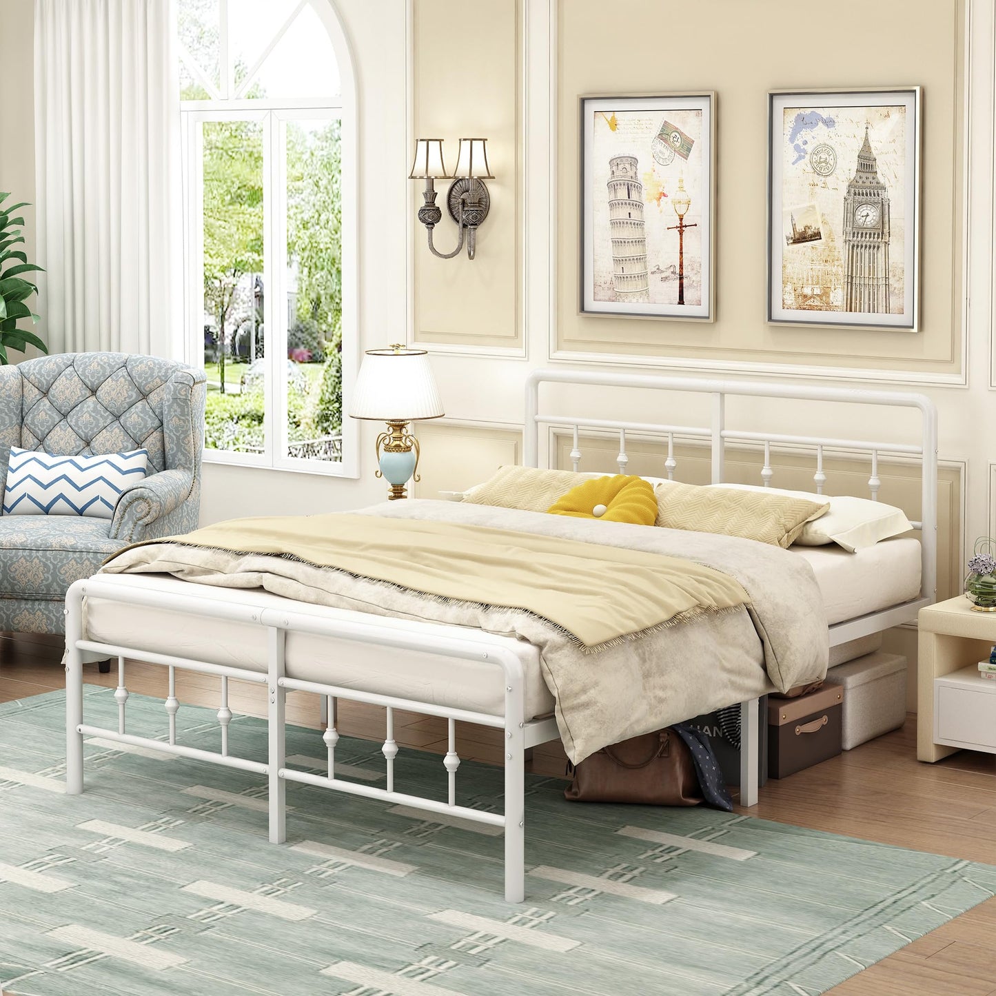 EMODA King Size Bed Frame with Victorian Headboard and Footboard, King Size Bed with Heavy Duty Steel Slats Support, Ample Storage Space, Noise Free,