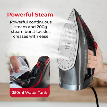 Tower T22032RED Steam Iron with Ceraglide XL Ceramic Soleplate, Adjustable Temperature Control, Anti-Drip & Anti-Calc, Auto Shut Off 350ml Water Tank,