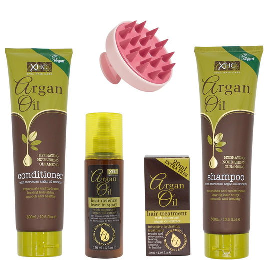 Argan Oil Shampoo And Conditioner (300ml) with Argan Oil Heat Protection (150ml) and Hair Treatment (50ml) Bundled with Glameno Scalp Massager