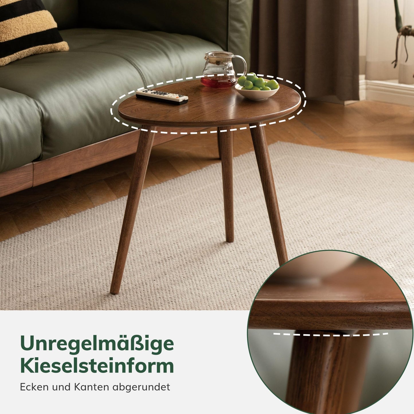 YESWOOD Solid Wood Side Table, Oak Coffee Tables, Oval Side Table with Natural Wooden Legs, Pebble Shape for Living Room and Balcony