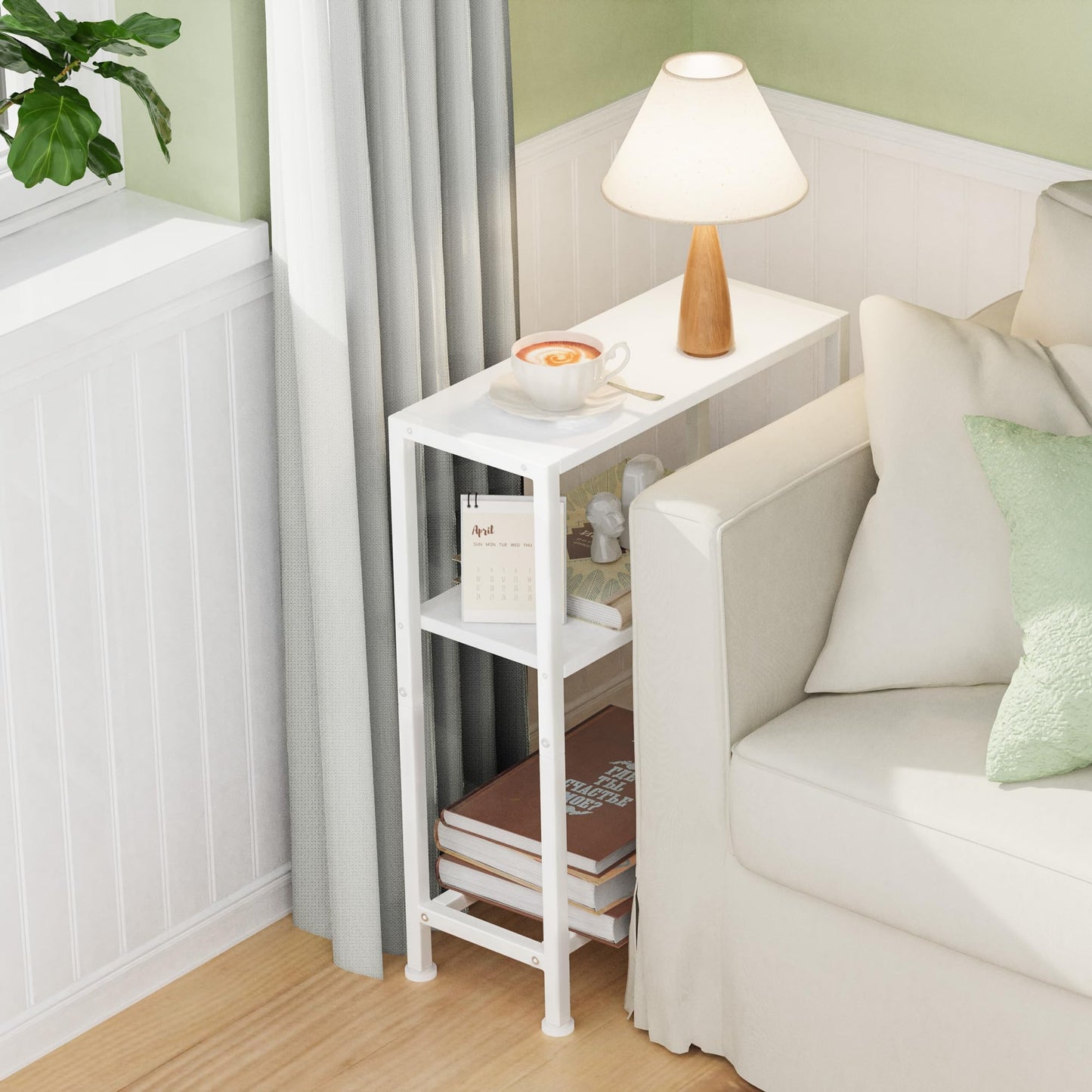 Vantimo Narrow Side Table, 3-Tier Small Shelving Unit, Slim Bedside Table for Small Space, Living Room, Bedroom, Sofa, Couch (White)