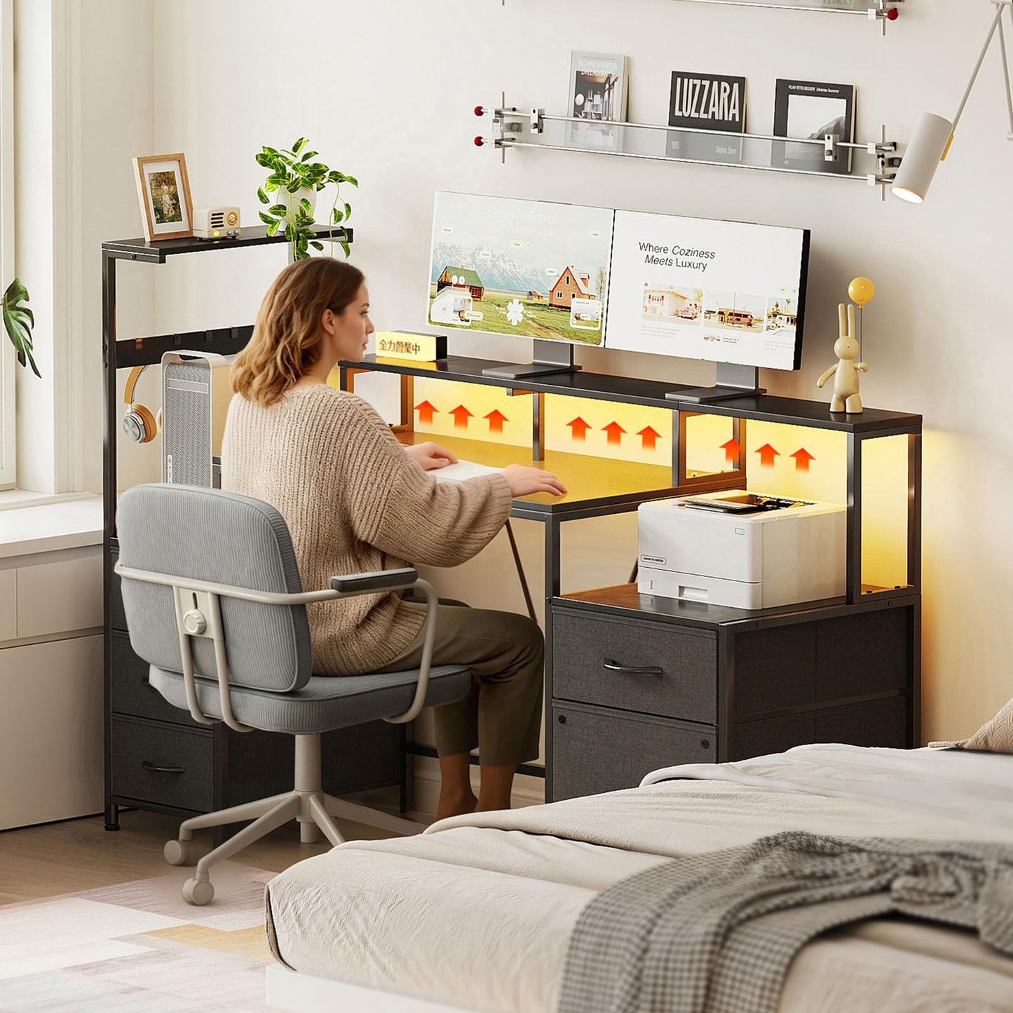MUTUN 160cm Computer Desk with Printer Stand and Storage Shelves, Reversible Home Office Desk with Fabric Drawers and Monitor Shelf