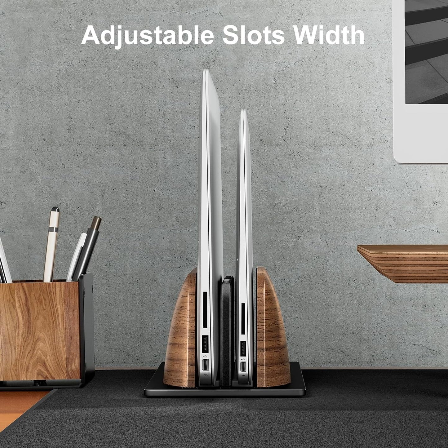 SHUOSUO Vertical Laptop Stand, Dual Slot Walnut Wood Laptop Holder for Desk, Natural Wooden & Aluminium Width Adjustable Dock for MacBook and Other